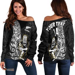 Custom Text And Number New Zealand Silver Fern Rugby Off Shoulder Sweater All Black Maori Version Black