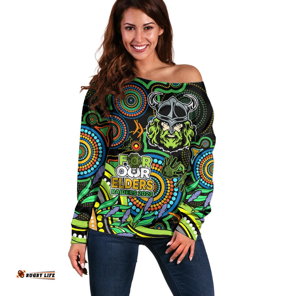 Raiders Rugby Aboriginal Art Off Shoulder Sweater NAIDOC Indigenous Tribal