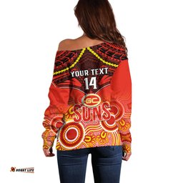 Personalised Gold Coast Football Off Shoulder Sweater Suns Aboriginal Mix Polynesian Pattern