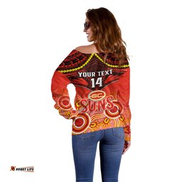 Personalised Gold Coast Football Off Shoulder Sweater Suns Aboriginal Mix Polynesian Pattern