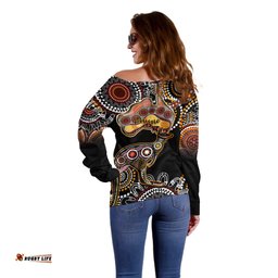 Australia Aboriginal Off Shoulder Sweater Australian Map With Kangaroo Indigenous Art