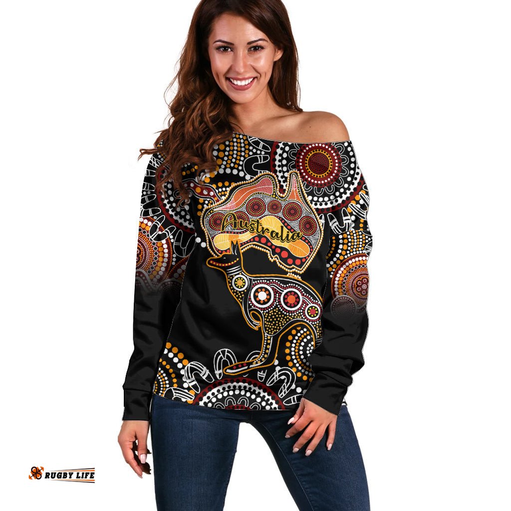 Australia Aboriginal Off Shoulder Sweater Australian Map With Kangaroo Indigenous Art