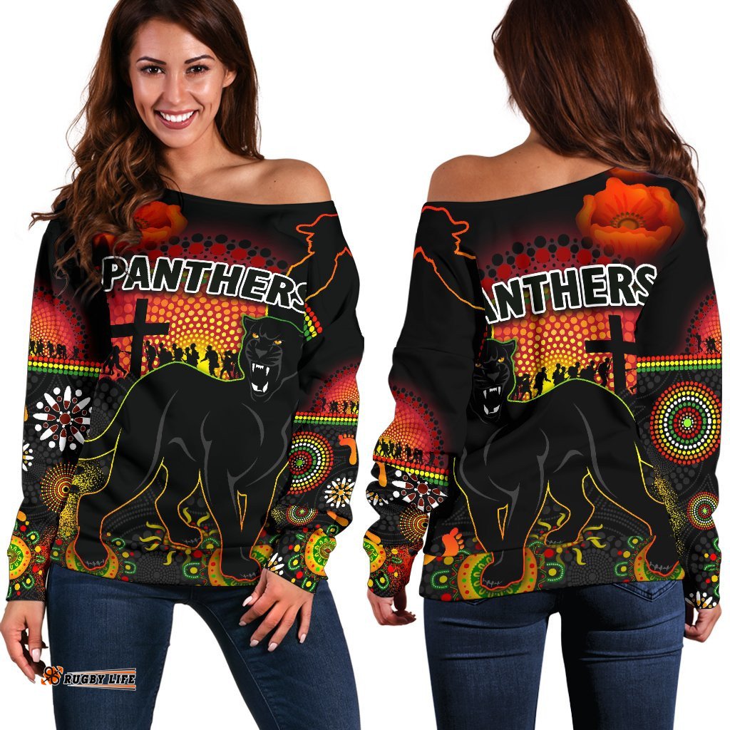 Penrith Women Off Shoulder Sweater Indigenous Panthers Anzac Day Lest We Forget 09