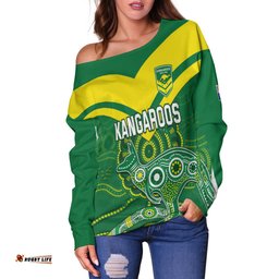 Custom Text and Number Australia Rugby Off Shoulder Sweater Kangaroos Boomerang Aboriginal