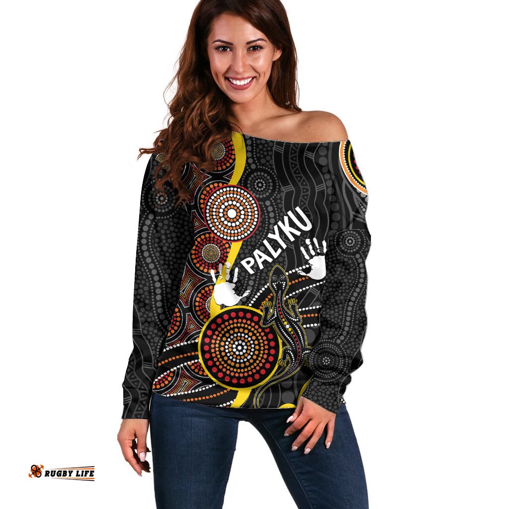 PALYKU Australia Lizard Aboriginal Art Off Shoulder Sweater