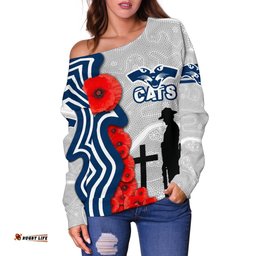 Geelong Women's Off Shoulder Sweater Cats Anzac Day Indigenous