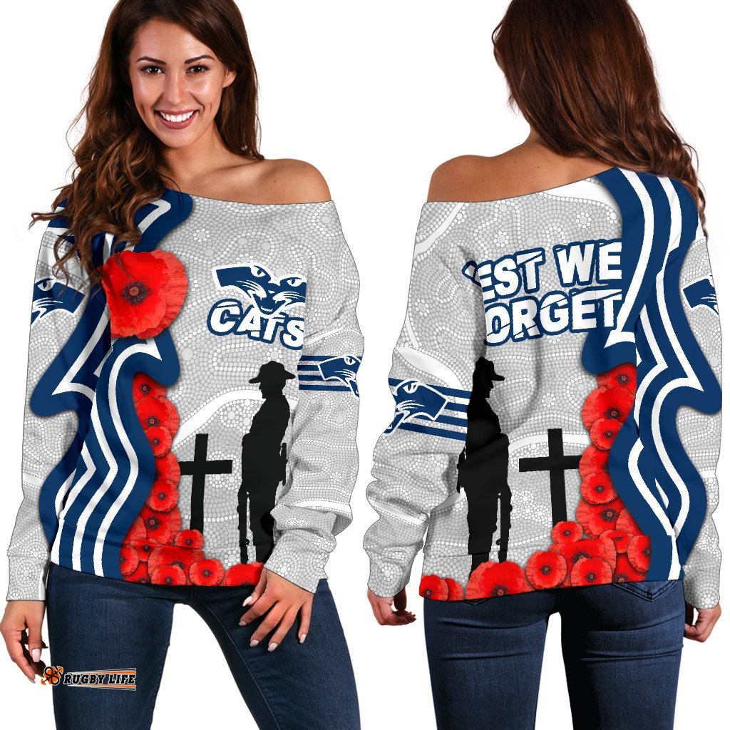 Geelong Women's Off Shoulder Sweater Cats Anzac Day Indigenous