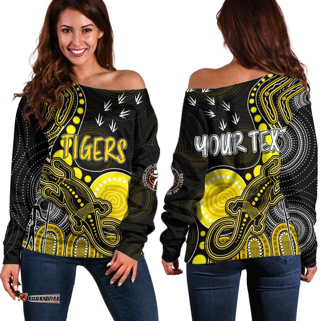 Personalised NAIDOC Week AFL Tigers Off Shoulder Sweater Aboriginal Dot Art Lizard Mix Boomerang
