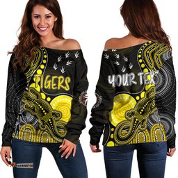 Personalised NAIDOC Week AFL Tigers Off Shoulder Sweater Aboriginal Dot Art Lizard Mix Boomerang
