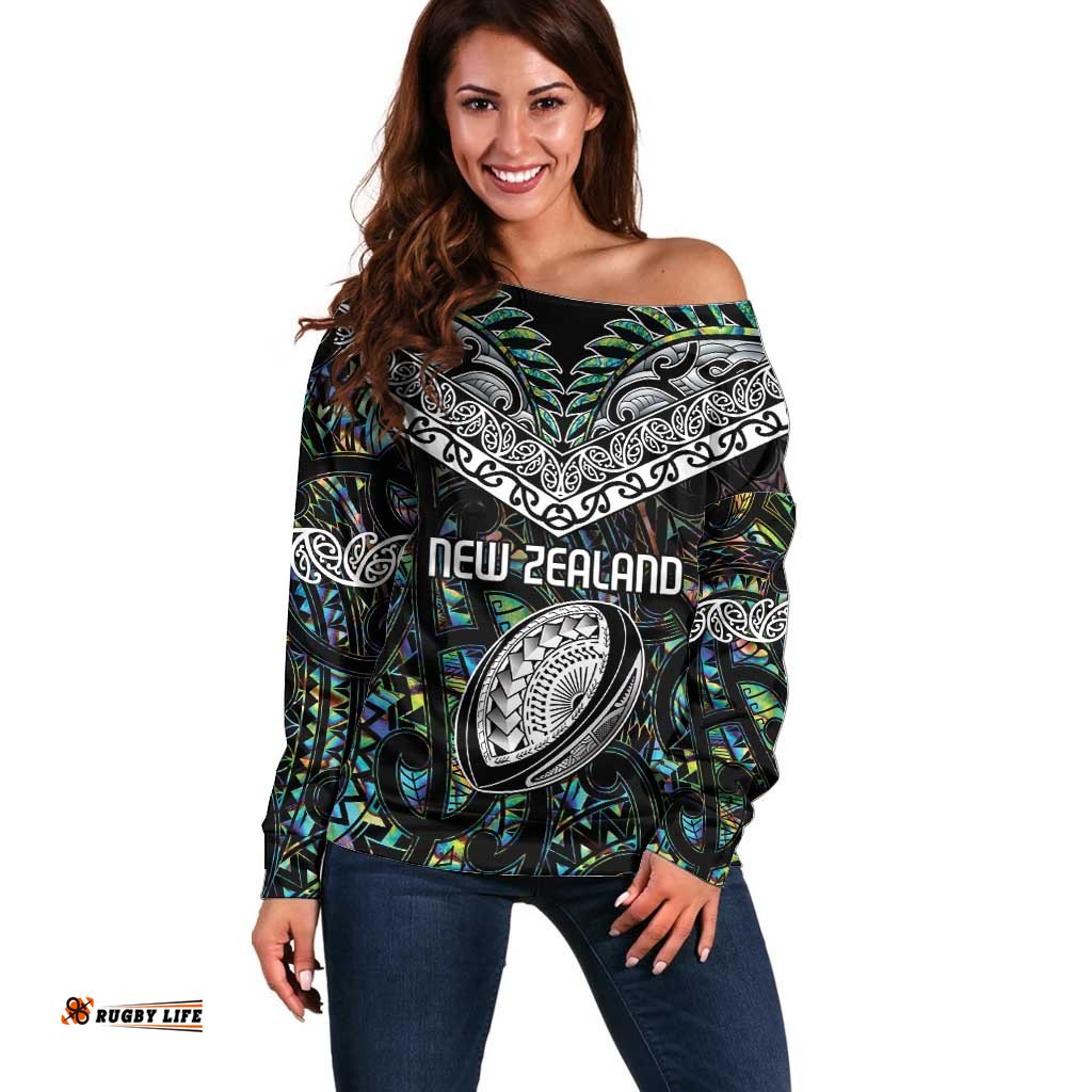 Custom New Zealand Off Shoulder Sweater Maori Rugby Tattoo Papua Shell