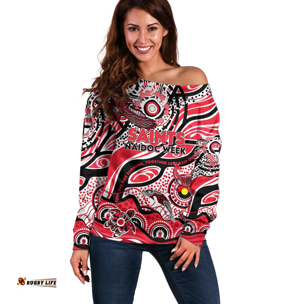 Custom NAIDOC Week 2024 Saints Off Shoulder Sweater Aboriginal Animals Keep The Fire Burning