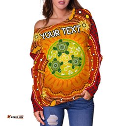Custom Text Aboriginal Women's Off Shoulder Sweater Turtle Circle Dot Painting Art