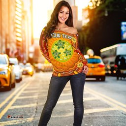 Custom Text Aboriginal Women's Off Shoulder Sweater Turtle Circle Dot Painting Art