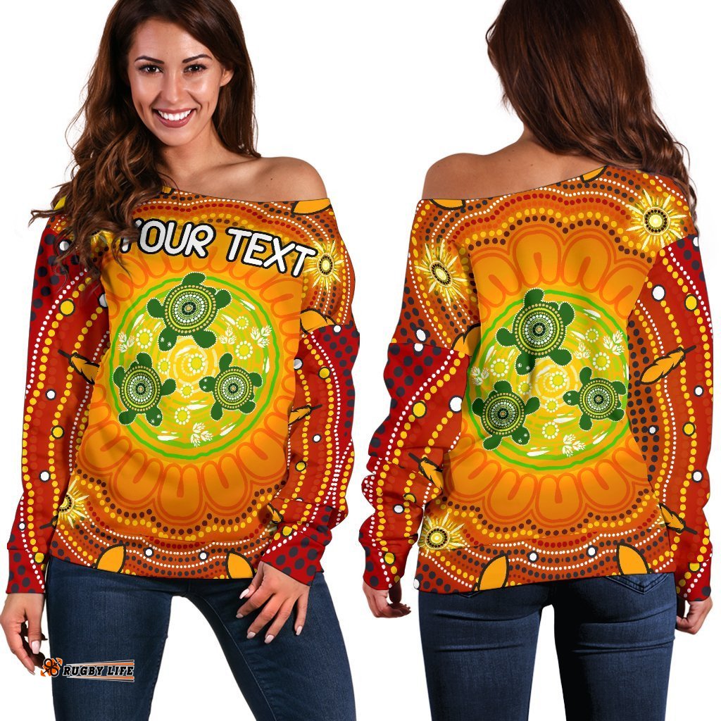 Custom Text Aboriginal Women's Off Shoulder Sweater Turtle Circle Dot Painting Art