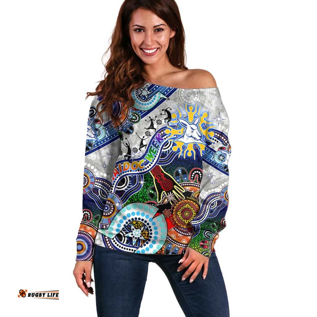Custom NAIDOC Week 2024 North Melbourne Kangaroos Off Shoulder Sweater Australia Aboriginal Dot Painting
