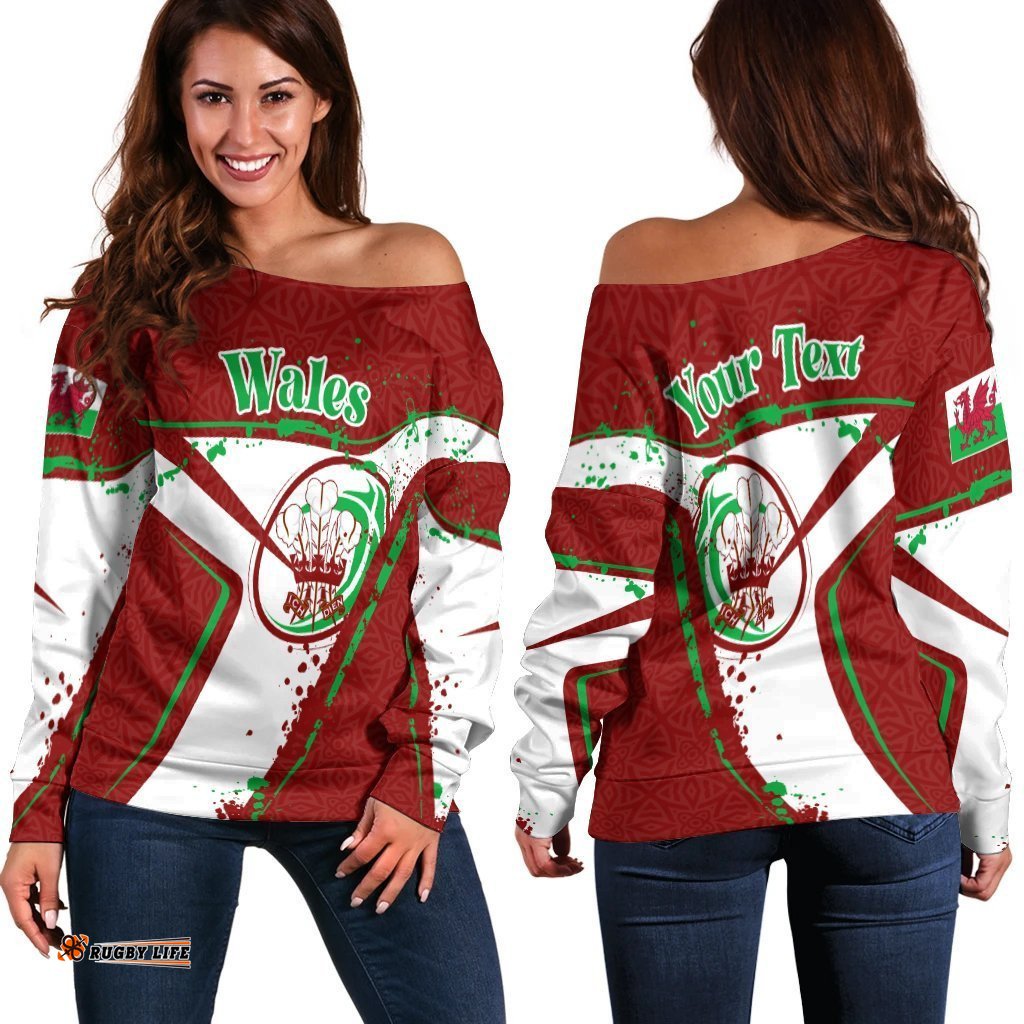 Custom Text Wales Rugby Personalised Women's Off Shoulder Sweater Welsh Rugby