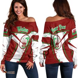 Custom Text Wales Rugby Personalised Women's Off Shoulder Sweater Welsh Rugby