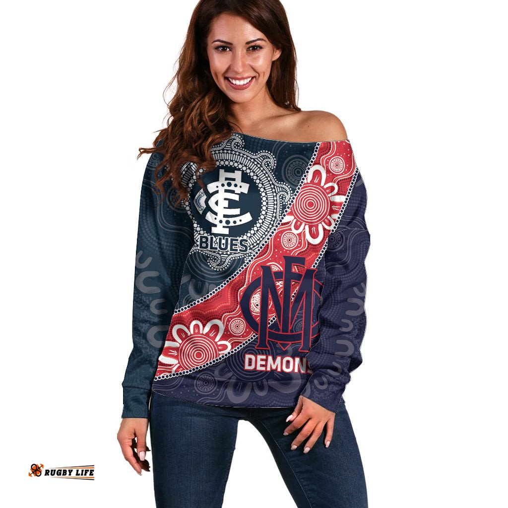 Personalised Demons And Blues Football Off Shoulder Sweater Aboriginal Art
