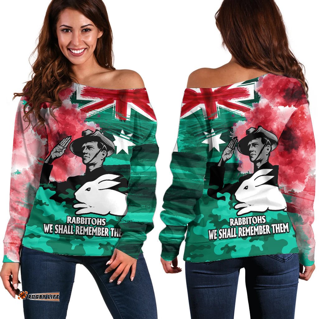 ANZAC Rabbitohs Rugby Off Shoulder Sweater We Shall Remember 09
