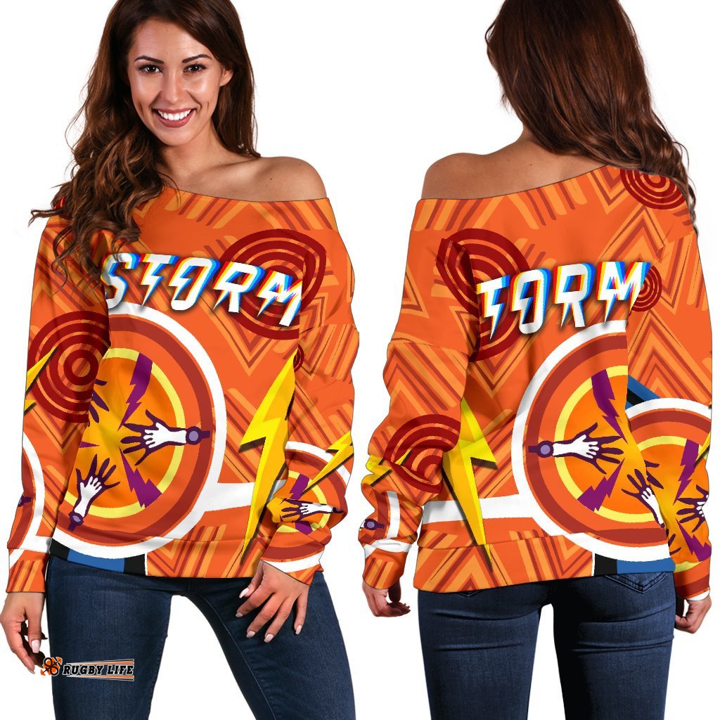 Melbourne Storm Women Off Shoulder Sweater Simple Indigenous Orange