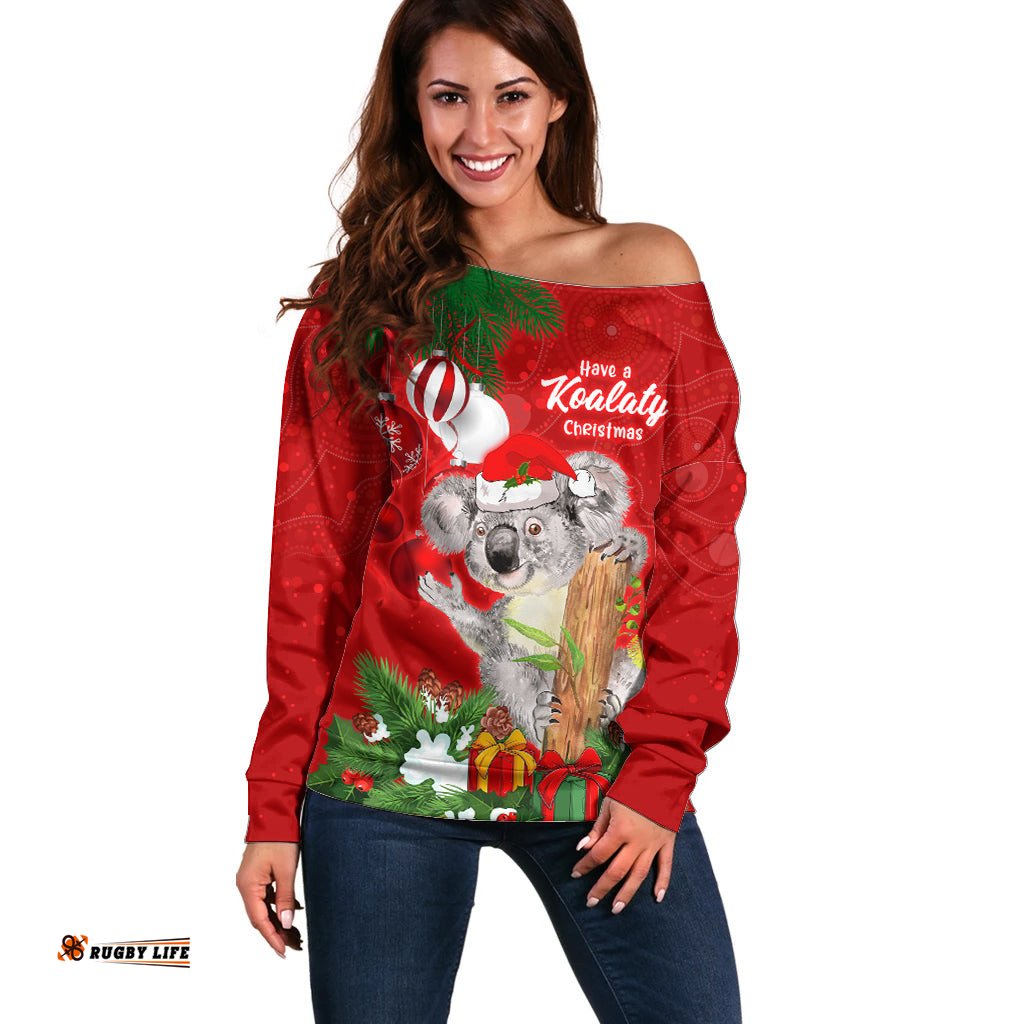 Personalised Koala Lover Off Shoulder Sweater Australia Koalaty Merry Christmas Aboriginal