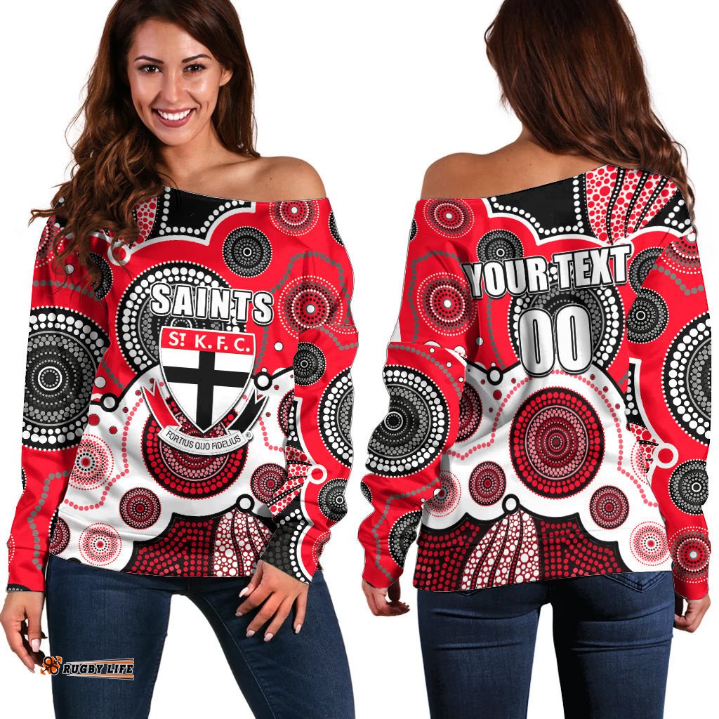 Custom Personalised And Number Saints AFL Off Shoulder Sweater Aboriginal Patterns 07
