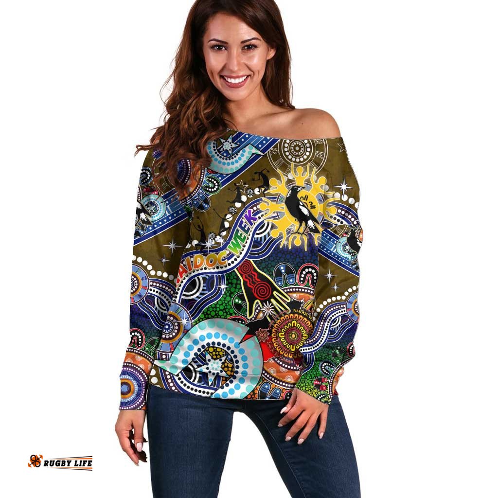 Custom NAIDOC Week 2024 Collingwood Magpies Off Shoulder Sweater Australia Aboriginal Dot Painting