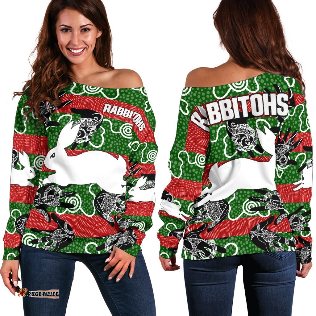 South Sydney Women's Off Shoulder Sweater Rabbitohs Indigenous Animals Aboriginal