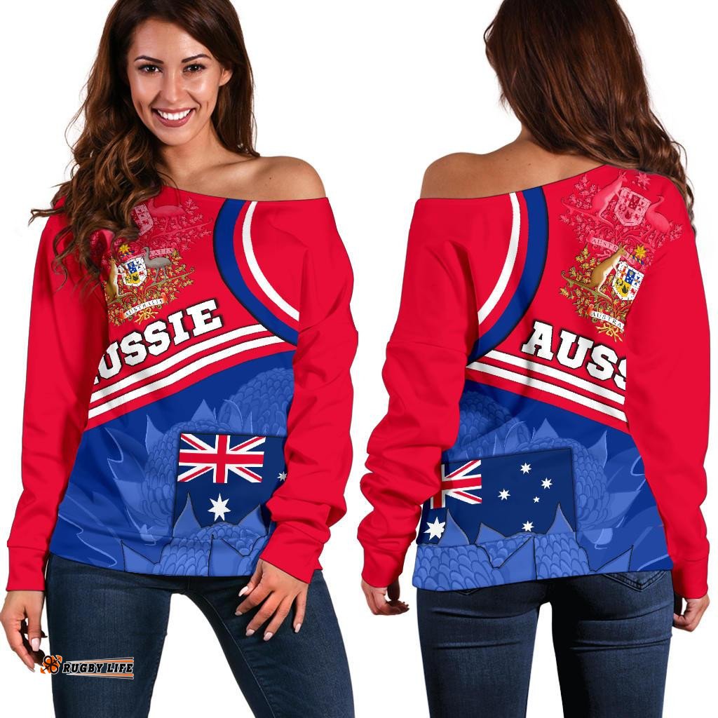 Women's Off Shoulder Sweater Aus Flag and Coat of Arms Waratah Flowers