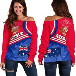Women's Off Shoulder Sweater Aus Flag and Coat of Arms Waratah Flowers