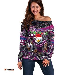 Merry Christmas Manly Warringah Sea Eagles Off Shoulder Sweater Aboriginal Santa Rugby Mascot Silvertails