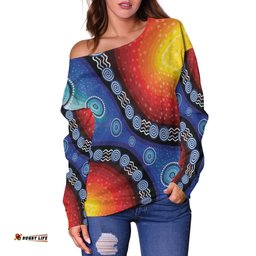 Off Shoulder Sweater Aboriginal Color Dot Painting 02