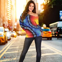 Off Shoulder Sweater Aboriginal Color Dot Painting 02