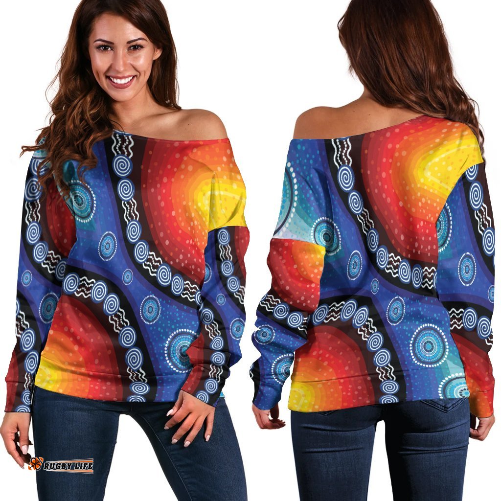 Off Shoulder Sweater Aboriginal Color Dot Painting 02