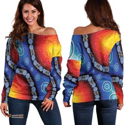 Off Shoulder Sweater Aboriginal Color Dot Painting 02