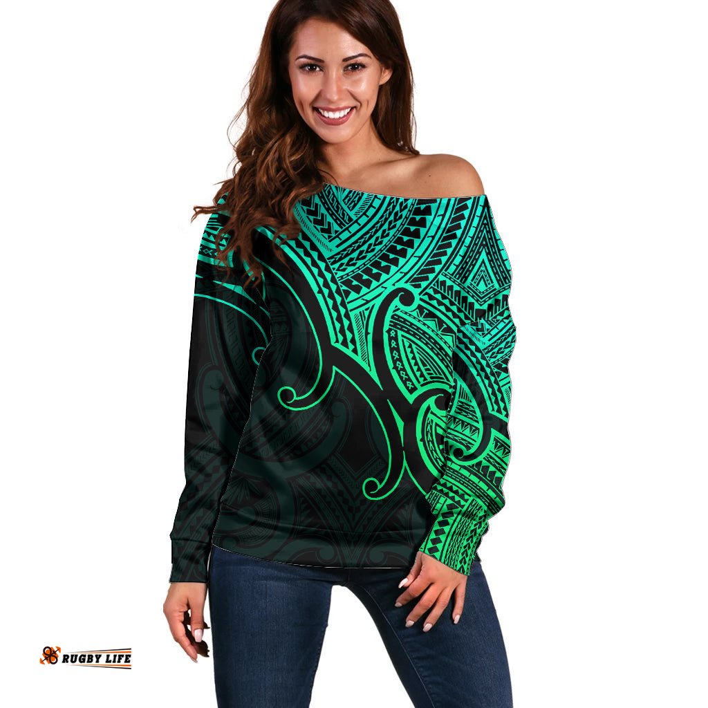 Aotearoa Maori Koru Off Shoulder Sweater Polynesian Pacific Tribal Green