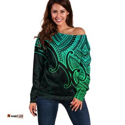 Aotearoa Maori Koru Off Shoulder Sweater Polynesian Pacific Tribal Green