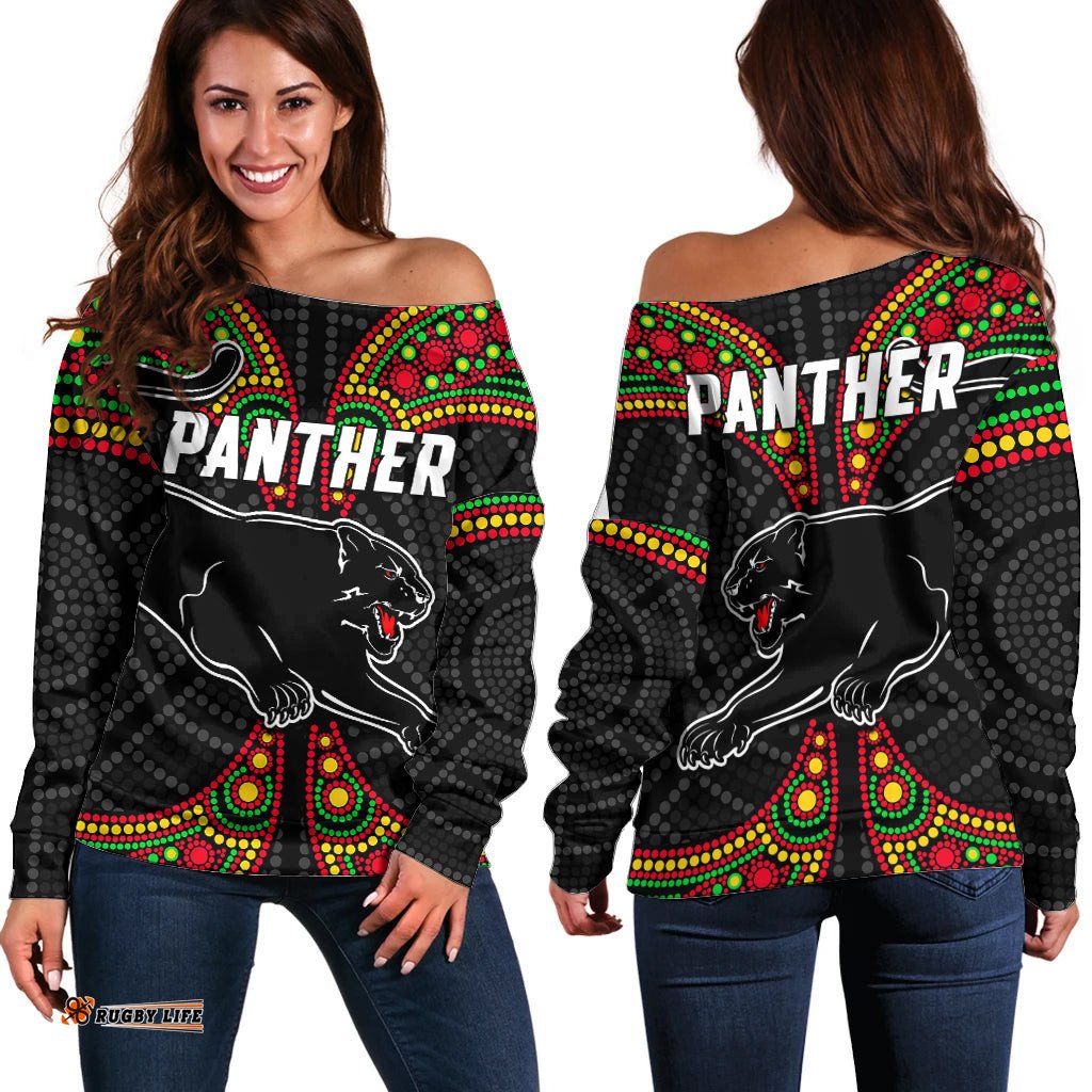 Panthers Liquorice Allsorts Rugby Aboriginal Off Shoulder Sweater 02