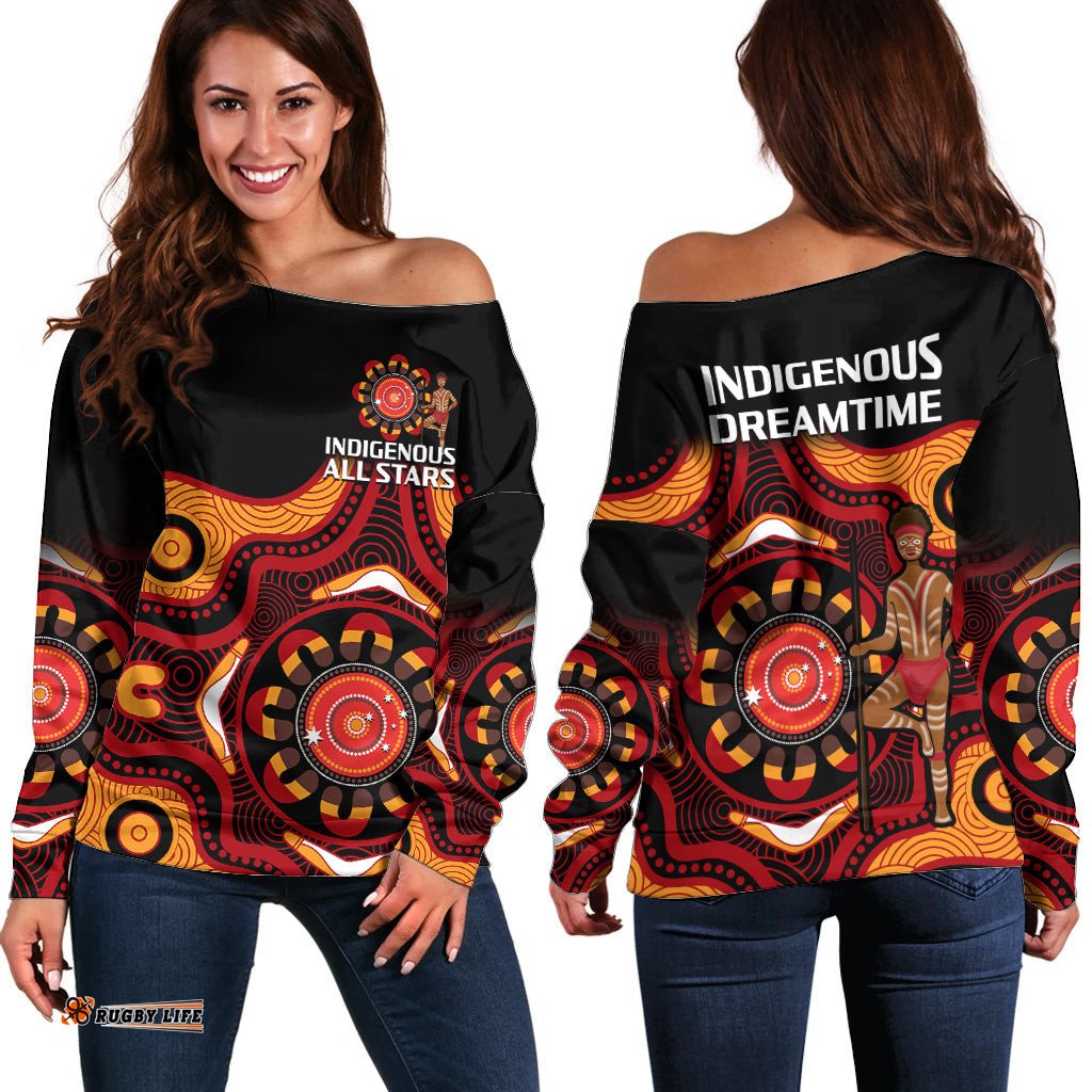 Australia Indigenous Rugby Off Shoulder Sweater All Stars Aborigine Dreamtime Black Version
