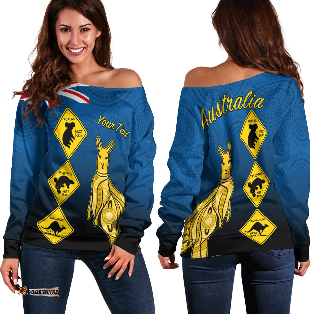 Custom Personalised Australia Kangaroo Off Shoulder Sweater Road Signs Aussie Aboriginal