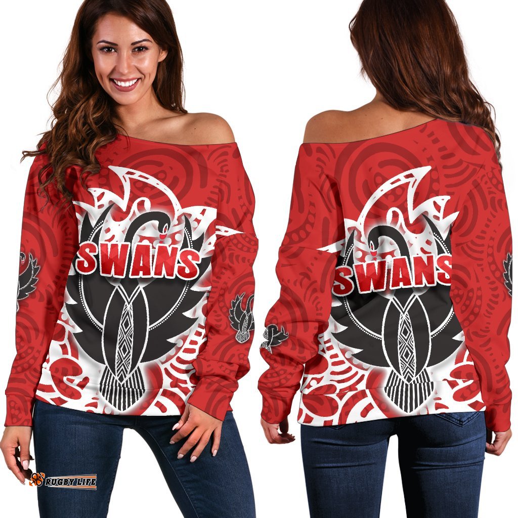 Sydney Women Off Shoulder Sweater Simple Indigenous Swans 04