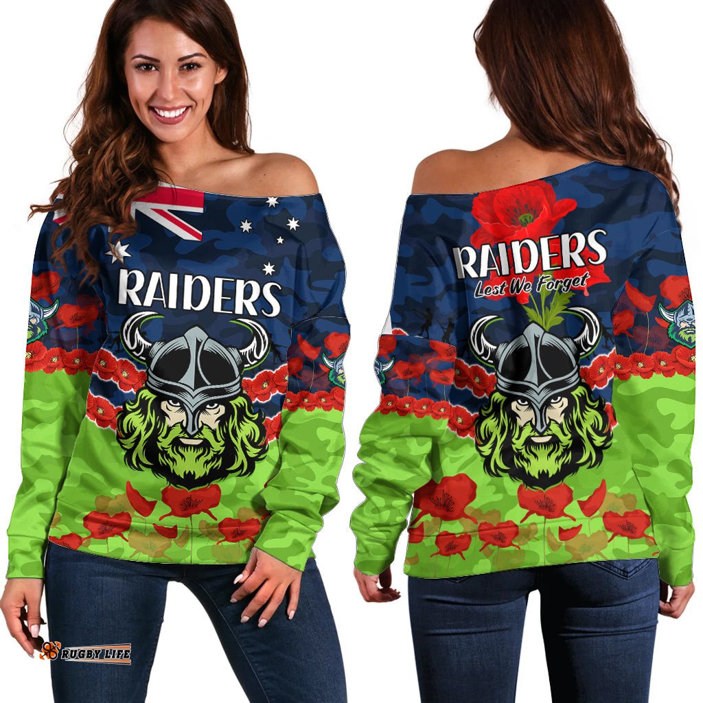 Raiders Rugby ANZAC Off Shoulder Sweater Lest We Forget