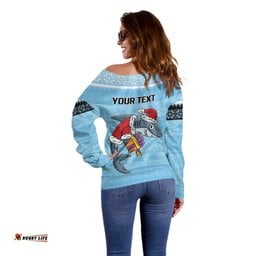 NRL Cronulla Sutherland Christmas Personalised Off Shoulder Sweater with Sharkies Santa