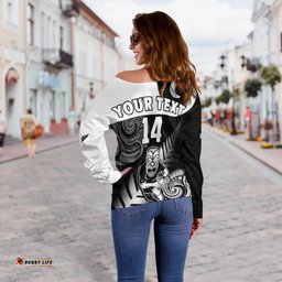 Custom Text And Number New Zealand Silver Fern Rugby Off Shoulder Sweater All Black Maori Koru