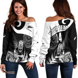 Custom Text And Number New Zealand Silver Fern Rugby Off Shoulder Sweater All Black Maori Koru
