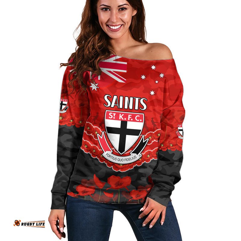 St Kilda Saints Football ANZAC Women Off Shoulder Sweater Lest We Forget