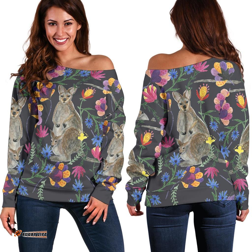 Womens Off Shoulder Sweater Kangaroo Sweater Flowers Painting