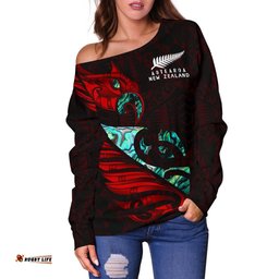 New Zealand Off Shoulder Sweater Manaia Paua Fern Wing Red