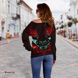 New Zealand Off Shoulder Sweater Manaia Paua Fern Wing Red