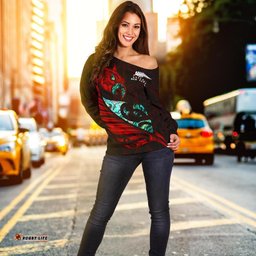 New Zealand Off Shoulder Sweater Manaia Paua Fern Wing Red